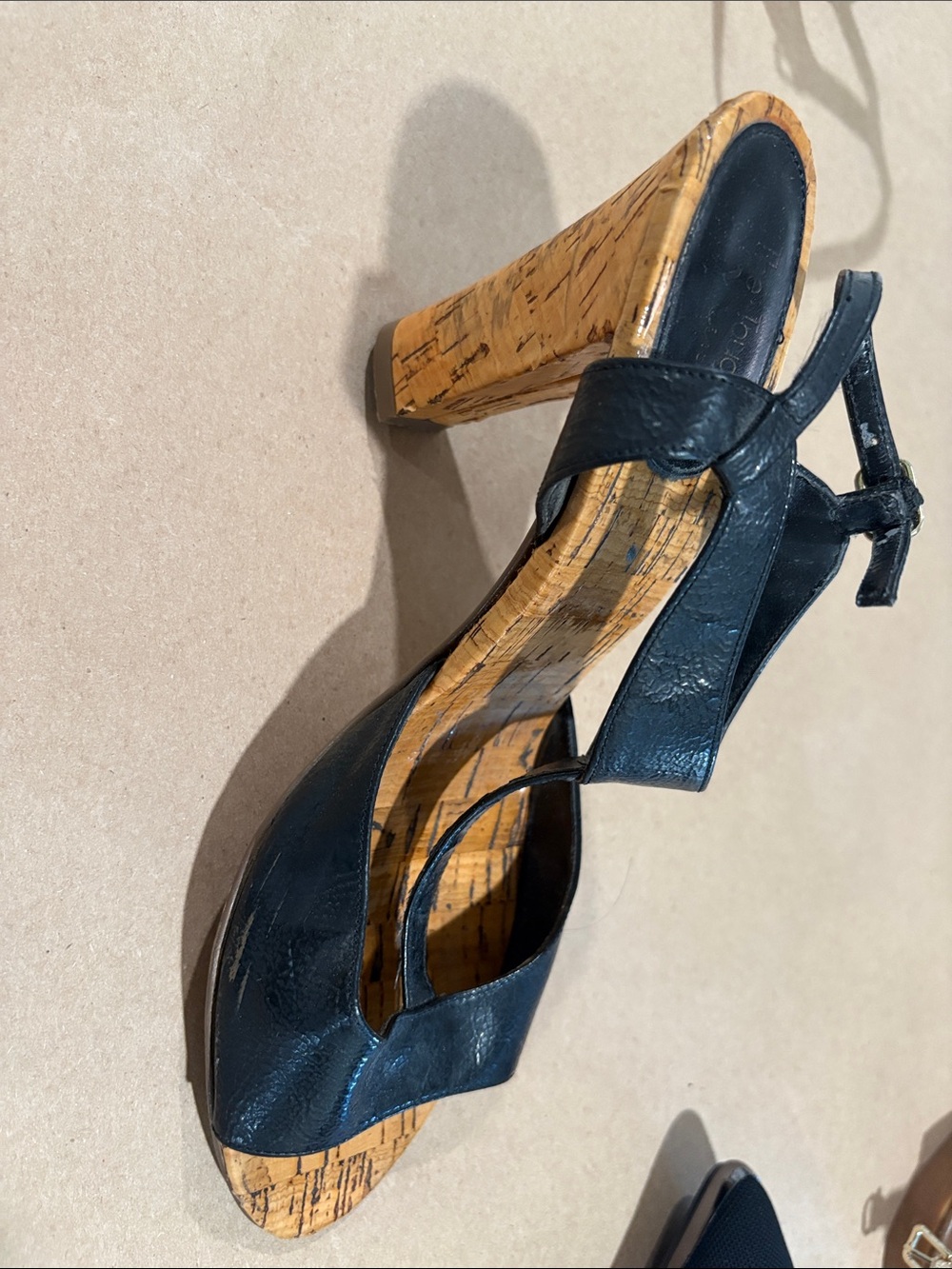 The Touch of Nina Black Leather Cork Block Heel Sandals